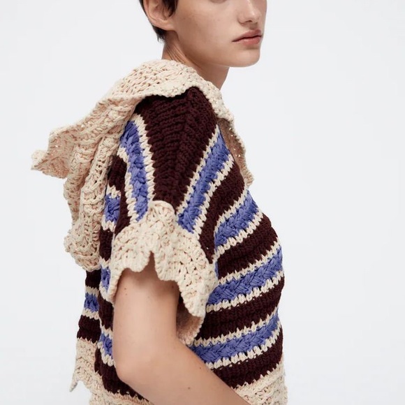 (Flawed) Zara Striped Crochet Knit Top Brown/Blue Cream Hooded Size Small - Picture 3 of 10